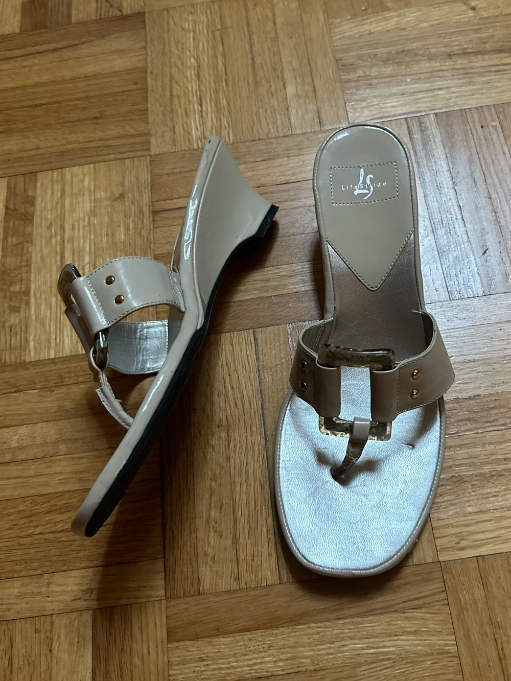 Low Heel Flip Flop Thong Beige Patent Wedge Sandals